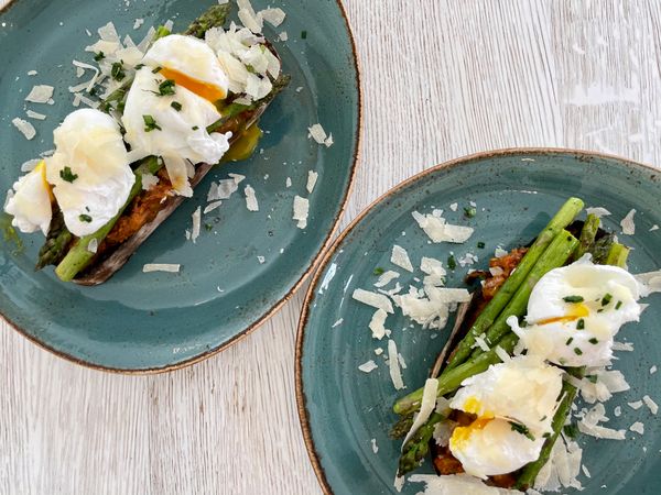 Eggplant Kasundi, Poached Egg, Asparagus on Toast