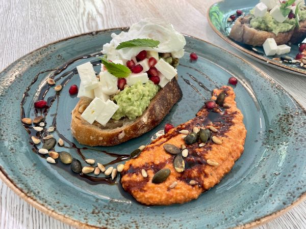 Smashed Avocado Toast with Roasted Red Pepper Hummus